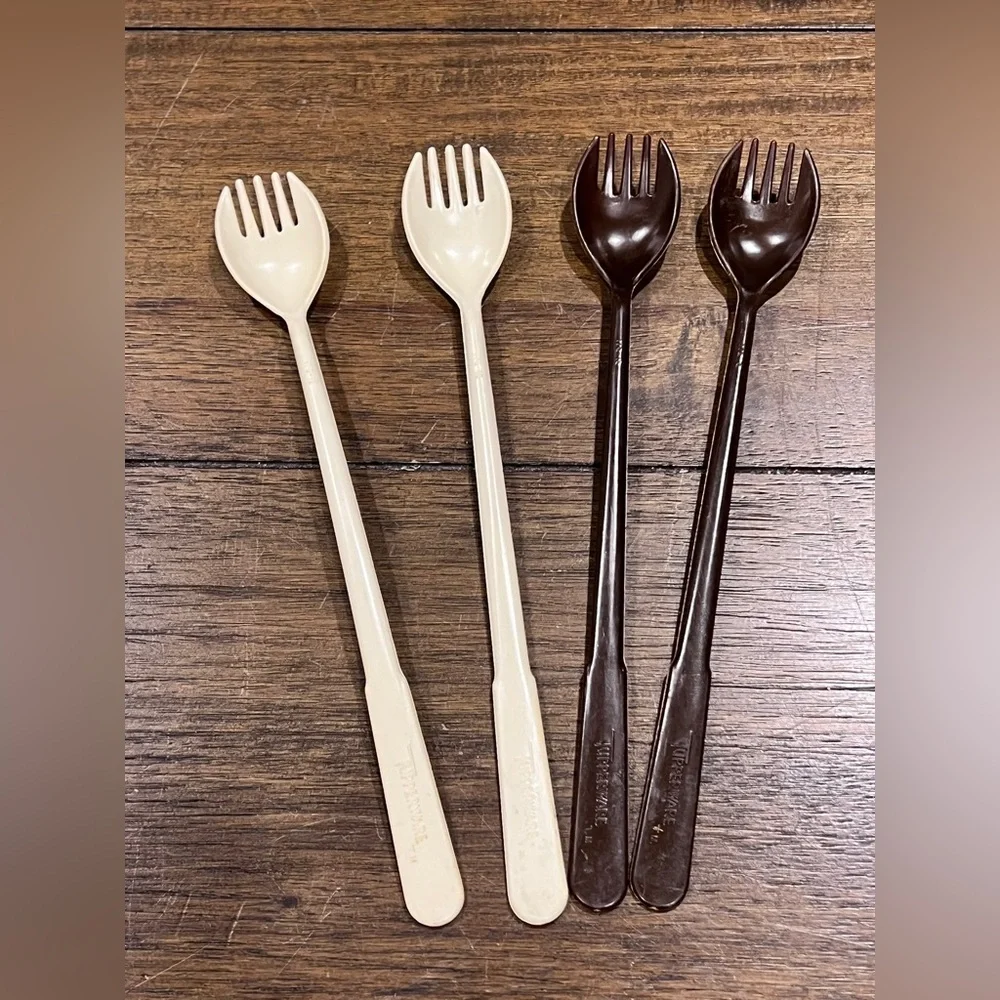 Vintage Tupperware #175 Sporks Set of 4 Brown Almond Camping Utensils MCM